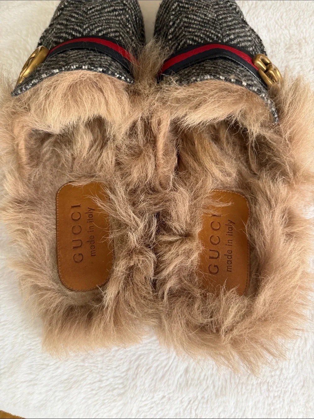 Gucci Black and Brown Fur-Lined Herringbone Princetown Mules
